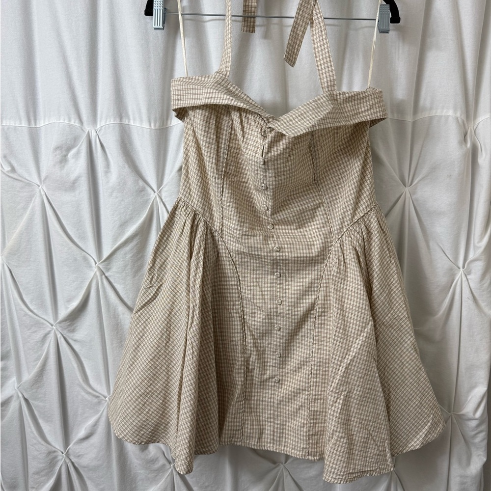 Zara Beige Gingham Button-Front Sundress